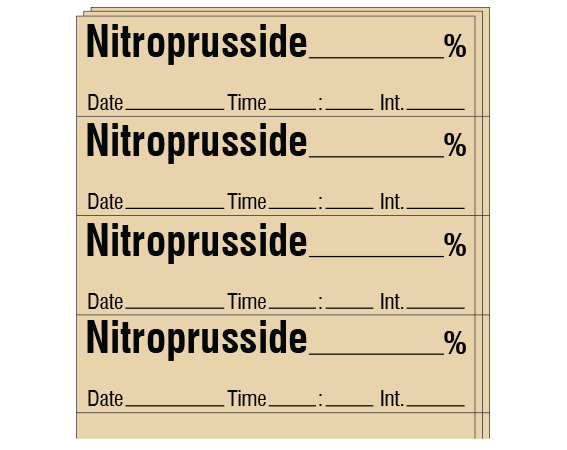 sa-40-dti-pk Tan 1/2" x 2" Anesthesia Drug Labels for Syringe Identification - Pack Form - With Imprint: Nitroprusside _____ % / Date _____ Time _____ Int. _____