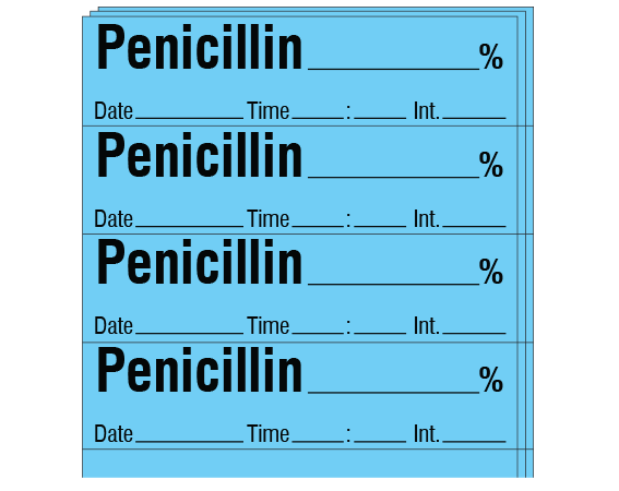sa-42-dti-pk Blue 1/2" x 2" Anesthesia Drug Labels for Syringe Identification - Pack Form - With Imprint: PENICILLIN _____ % / Date _____ Time _____ Int. _____
