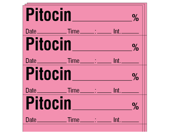 sa-43-dti-pk Rose 1/2" x 2" Anesthesia Drug Labels for Syringe Identification - Pack Form - With Imprint: PITOCIN _____ % / Date _____ Time _____ Int. _____