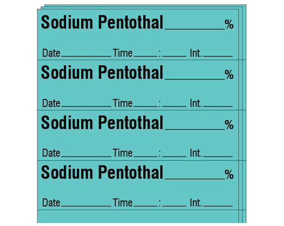 sa-47-dti-pk Aqua 1/2" x 2" Anesthesia Drug Labels for Syringe Identification - Pack Form - With Imprint: SODIUM PENTOTHAL _____ % / Date _____ Time _____ Int. _____