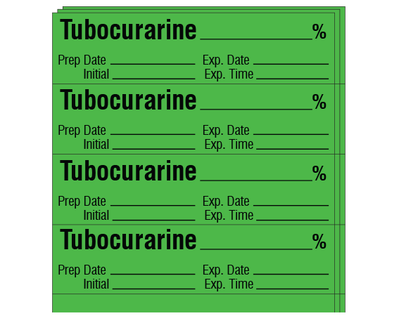 sa-51-exp-pk Green 1/2" x 2" Anesthesia Drug Labels for Syringe Identification - Pack Form - With Imprint: Tubocurarine _____ % / Prep Date _____ Exp. Date _____ / Initial _____ Exp. Time _____