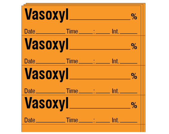 sa-53-dti-pk Orange 1/2" x 2" Anesthesia Drug Labels for Syringe Identification - Pack Form - With Imprint: VASOXYL _____ % / Date _____ Time _____ Int. _____