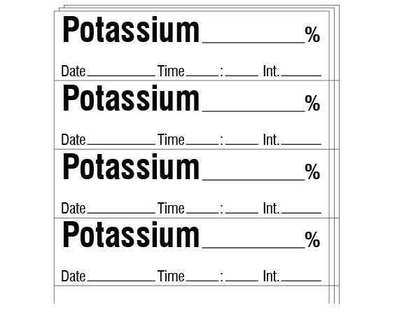 sa-59-dti-pk White 1/2" x 2" Anesthesia Drug Labels for Syringe Identification - Pack Form - With Imprint: POTASSIUM _____ % / Date _____ Time _____ Int. _____