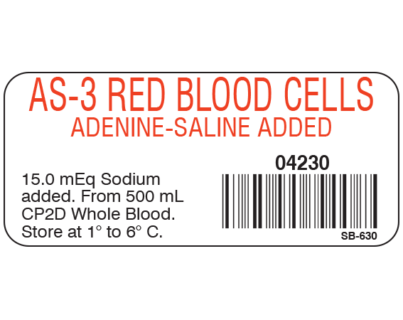 sb-630 White 1" x 2-1/4" Blood Product Labels with Codabar Symbology - With Imprint: AS-3 RED BLOOD CELLS / ADENINE-SALINE ADDED / 04230 / 15.0 mEq Sodium / added. From 500 mL / CP2D Whole Blood. / Store at 1 to 6 C.