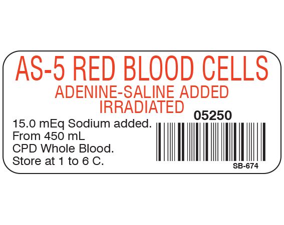 sb-674 White 1" x 2-1/4" Blood Product Labels with Codabar Symbology - With Imprint: AS-5 RED BLOOD CELLS / ADENINE-SALINE ADDED / IRRADIATED / 05250 / 15.0 mEq Sodium added. / From 450 mL / CPD Whole Blood. / Store at 1 to 6 C.