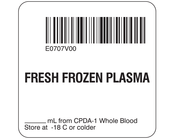 sb128-41-2 White 2 " x 2" Fresh Frozen Plasma Product Labels for Compliance with ISBT 128 Standards - With Imprint: E0707V00 / FRESH FROZEN PLASMA / _____ mL from CPDA-1 Whole Blood / Store at -18 C or colder