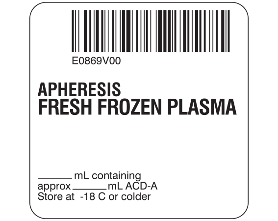 sb128-41-9 White 2 " x 2" Fresh Frozen Plasma Product Labels for Compliance with ISBT 128 Standards - With Imprint: E0869V00 / APHERESIS / FRESH FROZEN PLASMA / _____ mL containing approx _____ mL / ACD-A / Store at -18 C or colder