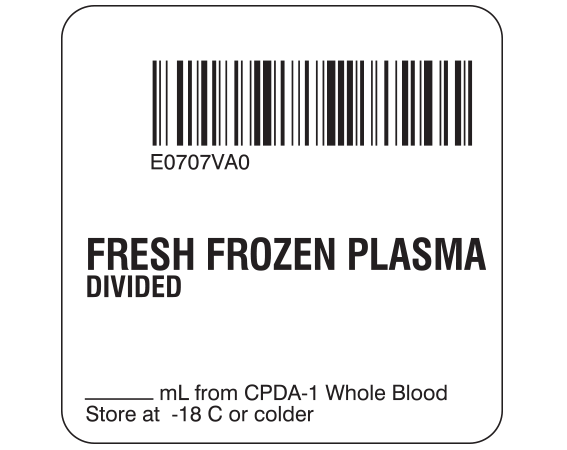 sb128-41d-2a White 2 " x 2" Fresh Frozen Plasma Product Labels for Compliance with ISBT 128 Standards - With Imprint: E0707VA0 / FRESH FROZEN PLASMA / DIVIDED / _____ mL from CPDA-1 Whole Blood / Store at -18 C or colder