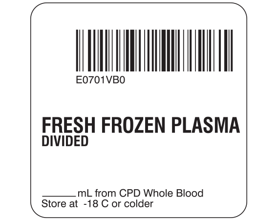 sb128-41d-6b White 2 " x 2" Fresh Frozen Plasma Product Labels for Compliance with ISBT 128 Standards - With Imprint: E0701VB0 / FRESH FROZEN PLASMA / DIVIDED / _____ mL from CPD Whole Blood / Store at -18 C or colder