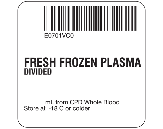 sb128-41d-6c White 2 " x 2" Fresh Frozen Plasma Product Labels for Compliance with ISBT 128 Standards - With Imprint: E0701VC0 / FRESH FROZEN PLASMA / DIVIDED / _____ mL from CPD Whole Blood / Store at -18 C or colder