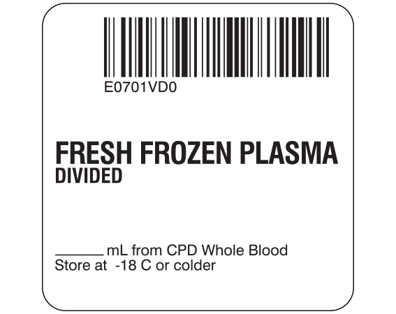 sb128-41d-6d White 2 " x 2" Fresh Frozen Plasma Product Labels for Compliance with ISBT 128 Standards - With Imprint: E0701VD0 / FRESH FROZEN PLASMA / DIVIDED / _____ mL from CPD Whole Blood / Store at -18 C or colder
