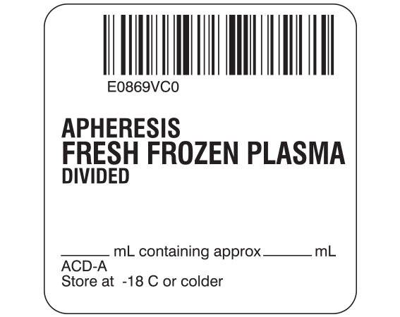 sb128-41d-9c White 2 " x 2" Fresh Frozen Plasma Product Labels for Compliance with ISBT 128 Standards - With Imprint: E0869VC0 / APHERESIS / FRESH FROZEN PLASMA / DIVIDED / _____ mL containing approx _____ mL / ACD-A / Store at -18 C or colder