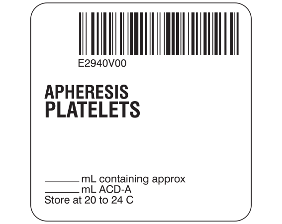 sb128-50-8 White 2 " x 2" Platelets Product Labels for Compliance with ISBT 128 Standards - With Imprint: E2940V00 / APHERESIS / PLATELETS / _____ mL containing approx / _____ mL ACD-A / Store at 20 to 24 C