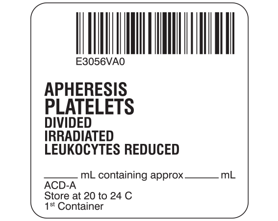 sb128-50d-20a White 2 " x 2" Platelets Product Labels for Compliance with ISBT 128 Standards - With Imprint: E3056VA0 / APHERESIS / PLATELETS / DIVIDED / IRRADIATED / LEUKOCYTES REDUCED / _____ mL containing approx _____ mL / ACD-A / Store at 20 to 24 C / 1st Container