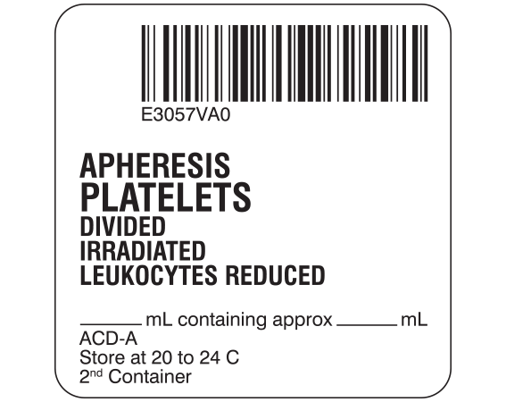 sb128-50d-21a White 2 " x 2" Platelets Product Labels for Compliance with ISBT 128 Standards - With Imprint: E3057VA0 / APHERESIS / PLATELETS / DIVIDED / IRRADIATED / LEUKOCYTES REDUCED / _____ mL containing approx _____ mL / ACD-A / Store at 20 to 24 C / 2nd Container