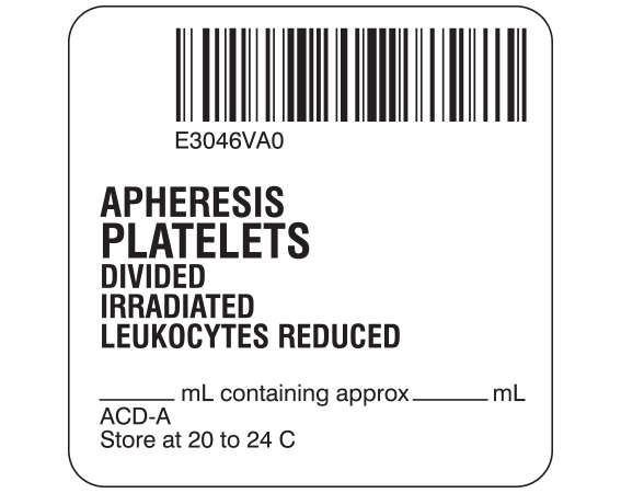 sb128-50d-3a White 2 " x 2" Platelets Product Labels for Compliance with ISBT 128 Standards - With Imprint: E3046VA0 / APHERESIS / PLATELETS / DIVIDED / IRRADIATED / LEUKOCYTES REDUCED / _____ mL containing approx _____ mL / ACD-A / Store at 20 to 24 C