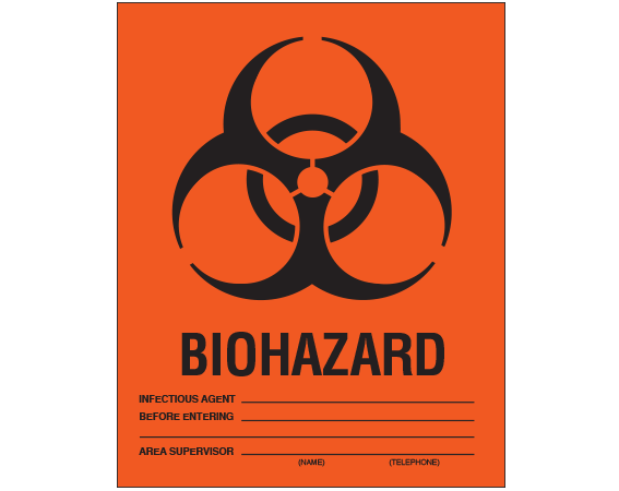 sbh-104 Fluorescent Red 8" x 10" Biohazard Warning Information Labels - With Imprint: BIOHAZARD / INFECTIOUS AGENT _____ / BEFORE ENTERING _____ ...