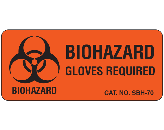 sbh-70 Fluorescent Red 1" x 2-1/4" Biohazard Warning Communication Labels - With Imprint: BIOHAZARD / GLOVES REQUIRED