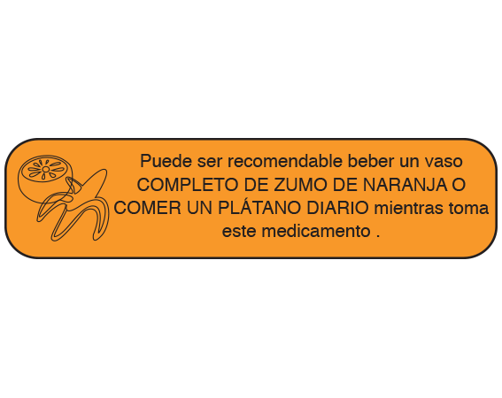 7X-ES Orange 3/8" x 1-1/2" Pharmacy Auxiliary Labels for Prescription Containers - Spanish Version - With Imprint: (Spanish) IT MAY BE ADVISABLE TO DRINK / A FULL GLASS OF ORANGE JUICE / OR EAT A BANANA DAILY WHILE / TAKING THIS MEDICATION.