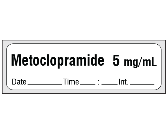 SA-3249-DTI-PRE White 1/2" x 500" Anesthesia Drug Labels for Syringe Identification - Precut Form - With Imprint: Metoclopramide 5 mg/mL / Date _____ Time _____:_____ Int. _____