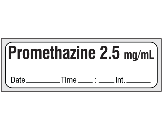 SA-3255-DTI-PRE1 White 1/2" x 500" Anesthesia Drug Labels for Syringe Identification - Precut Form - With Imprint: Promethazine 2.5 mg/mL / Date _____ Time _____:_____ Int. _____