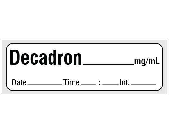 SA-326-DTI-PRE White 1/2" x 500" Anesthesia Drug Labels for Syringe Identification - Precut Form - With Imprint: DECADRON _____ mg / mL / Date _____ Time _____ Int. _____