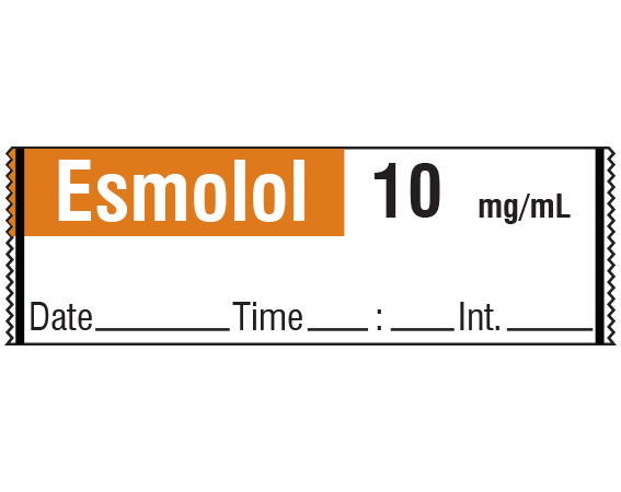 SA-332-DTI White W/ Copper Bar At Top 1/2" x 500" Anesthesia Drug Labels for Syringe Identification - Tape Form - With Imprint: Esmolol 10 mg/mL / Date _____ Time _____:_____ Int. _____