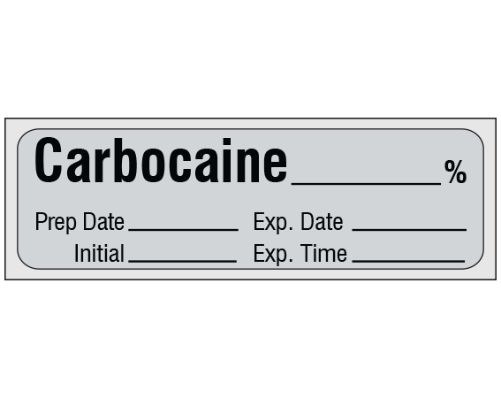 SA-56-EXP-PRE Gray 1/2" x 500" Anesthesia Drug Labels for Syringe Identification - Precut Form - With Imprint: CARBOCAINE _____ % / Prep Date _____ Exp. Date _____ / Initial _____ Exp. Time _____