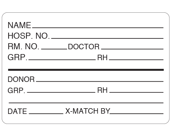 SB-49 White 2" x 3" Blood Donor Information Labels - With Imprint: NAME _____ / HOSP. NO. _____ / RM. NO. _____ DOCTOR _____ / GRP. _____ RH _____ / DONOR _____ / GRP. _____ RH _____ / _____ / DATE _____ X-MATCH BY _____