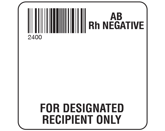 SB128-ABN24 White 2 " x 2" Designated Recipient Group Type Labels for Compliance with ISBT 128 Standards - With Imprint: 2400 / AB / Rh Negative / FOR DESIGNATED / RECIPIENT ONLY