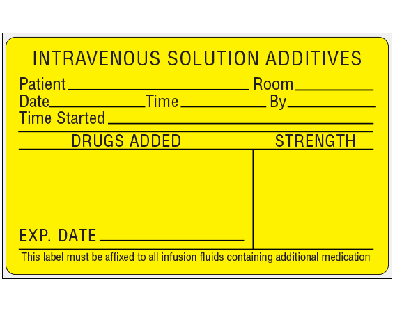 SMA-2125 Yellow 2-1/2" x 4" Intravenous Solution Additives Identification Labels - With Imprint: INTRAVENOUS SOLUTION ADDITIVES / PATIENT __ ROOM __ / DATE __ TIME __ BY __ / TIME STARTED __ / DRUGS ADDED STRENGTH / EXP. DATE