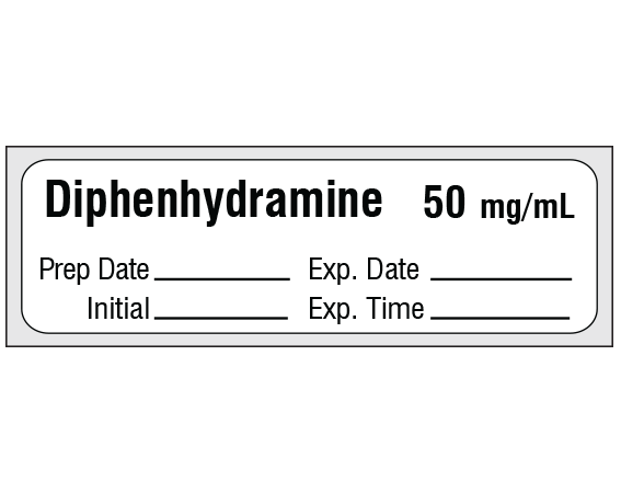 sa-3244-exp-pre White 1/2" x 500" Anesthesia Drug Labels for Syringe Identification - Precut Form - With Imprint: Diphenhydramine 50 mg/mL / Prep Date _____ Exp. Date _____ / Initial _____ Exp. Time _____