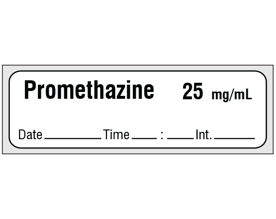 sa-3256-dti-pre White 1/2" x 500" Anesthesia Drug Labels for Syringe Identification - Precut Form - With Imprint: Promethazine 25 mg/mL / Date _____ Time _____:_____ Int. _____