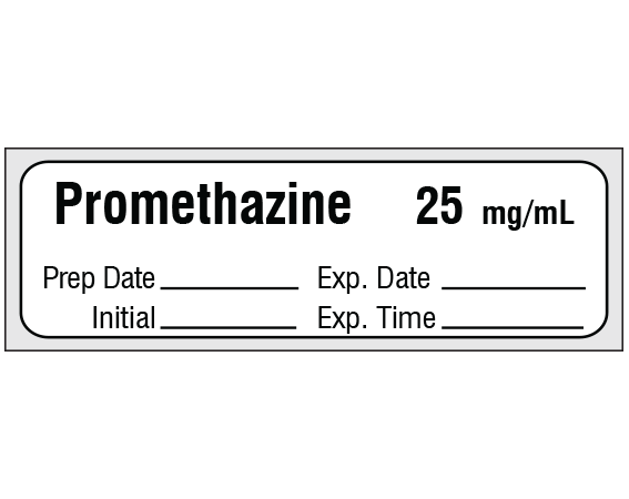 sa-3256-exp-pre White 1/2" x 500" Anesthesia Drug Labels for Syringe Identification - Precut Form - With Imprint: Promethazine 25 mg/mL / Prep Date _____ Exp. Date _____ / Initial _____ Exp. Time _____