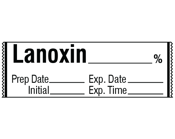 sa-33-exp White 1/2" x 500" Anesthesia Drug Labels for Syringe Identification - Tape Form - With Imprint: LANOXIN _____ % / Prep Date _____ Exp. Date _____ / Initial _____ Exp. Time _____