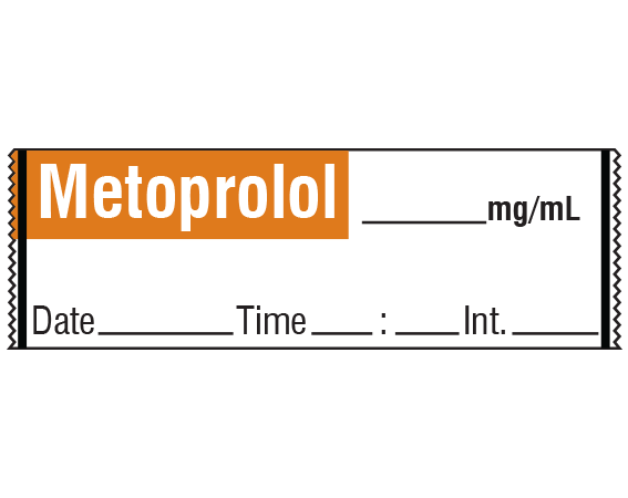 sa-336-dti1 White W/ Copper Bar At Top 1/2" x 500" Anesthesia Drug Labels for Syringe Identification - Tape Form - With Imprint: Metoprolol _____ mg/mL / Date _____ Time _____:_____ Int. _____