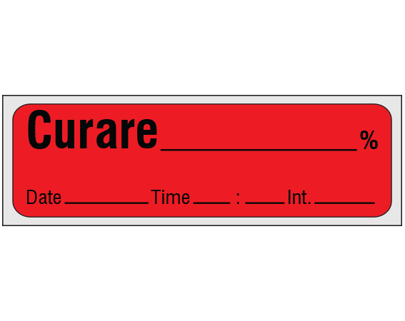 sa-4-dti-pre Red 1/2" x 500" Anesthesia Drug Labels for Syringe Identification - Precut Form - With Imprint: CURARE _____ % / Date _____ Time _____ Int. _____