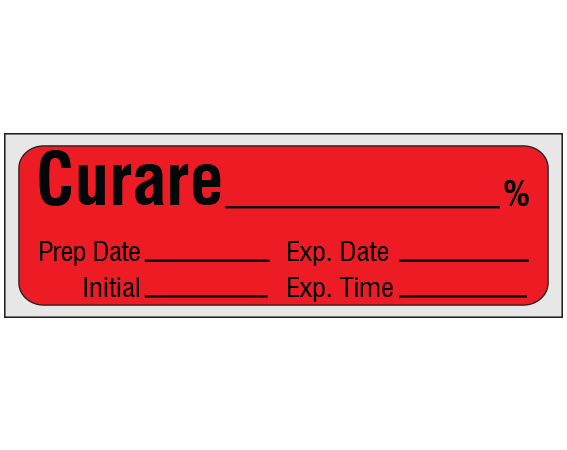 sa-4-exp-pre Red 1/2" x 500" Anesthesia Drug Labels for Syringe Identification - Precut Form - With Imprint: CURARE _____ % / Prep Date _____ Exp. Date _____ / Initial _____ Exp. Time _____