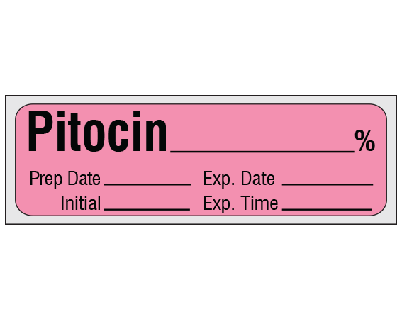 sa-43-exp-pre Rose 1/2" x 500" Anesthesia Drug Labels for Syringe Identification - Precut Form - With Imprint: PITOCIN _____ % / Prep Date _____ Exp. Date _____ / Initial _____ Exp. Time _____