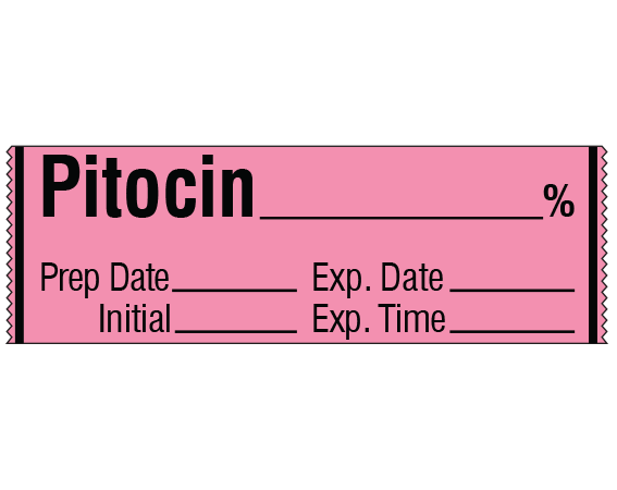 sa-43-exp Rose 1/2" x 500" Anesthesia Drug Labels for Syringe Identification - Tape Form - With Imprint: PITOCIN _____ % / Prep Date _____ Exp. Date _____ / Initial _____ Exp. Time _____