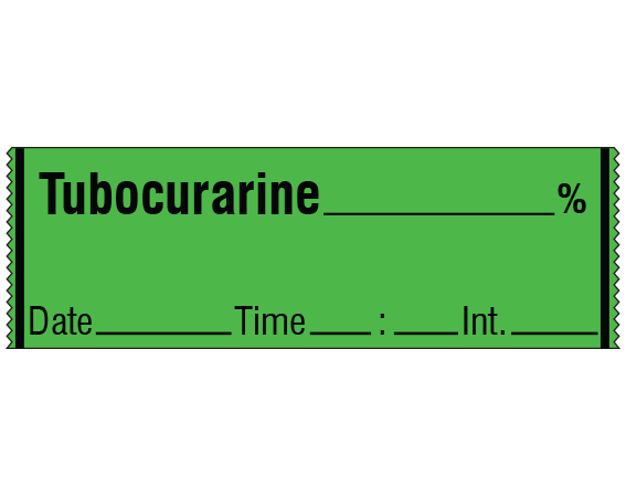 sa-51-dti Green 1/2" x 500" Anesthesia Drug Labels for Syringe Identification - Tape Form - With Imprint: Tubocurarine _____ % / Date _____ Time _____ Int. _____