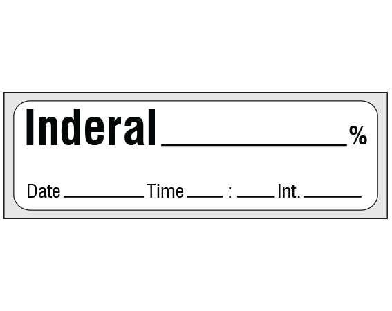 sa-57-dti-pre White 1/2" x 500" Anesthesia Drug Labels for Syringe Identification - Precut Form - With Imprint: INDERAL _____ % / Date _____ Time _____ Int. _____