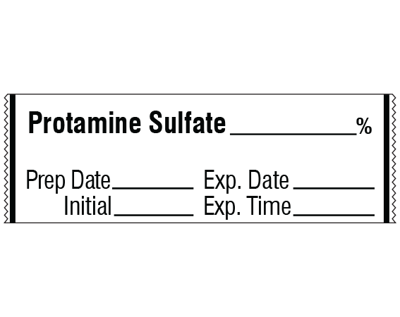 sa-60-exp White 1/2" x 500" Anesthesia Drug Labels for Syringe Identification - Tape Form - With Imprint: PROTAMINE SULFATE _____ % / Prep Date _____ Exp. Date _____ / Initial _____ Exp. Time _____
