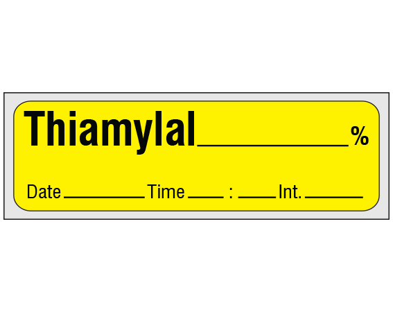 sa-63-dti-pre Yellow 1/2" x 500" Anesthesia Drug Labels for Syringe Identification - Precut Form - With Imprint: THIAMYLAL _____ % / Date _____ Time _____ Int. _____