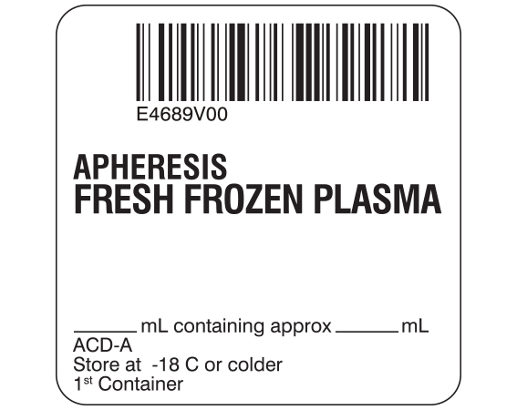 sb128-41-11 White 2 " x 2" Fresh Frozen Plasma Product Labels for Compliance with ISBT 128 Standards - With Imprint: E4689V00 / APHERESIS / FRESH FROZEN PLASMA / _____ mL containing approx _____ mL / ACD-A / Store at -18 C or colder / 1st Container