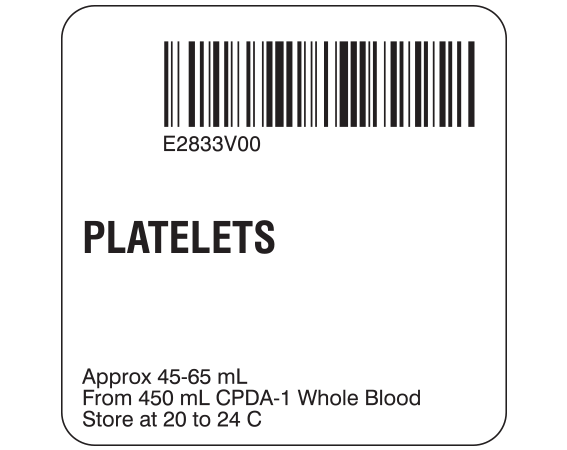 sb128-50-1 White 2 " x 2" Platelets Product Labels for Compliance with ISBT 128 Standards - With Imprint: E2833V00 / PLATELETS / Approx 45-65 mL / From 450 mL CPDA-1 Whole Blood / Store at 20 to 24 C