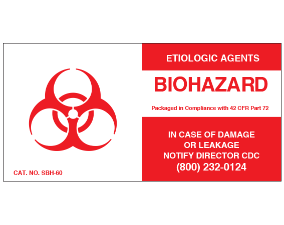 sbh-60 White 2 " x 4" Biohazard Warning Labels for Etiologic Agents - With Imprint: ETIOLOGIC AGENTS / BIOHAZARD / Packaged in Compliance with 42 CFR Part 72 ...