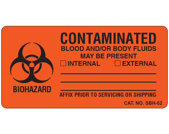 sbh-62 Fluorescent Red 1-1/2" x 3" Biohazard Warning Labels for Blood / Body Fluid Presence - With Imprint: CONTAMINATED / BLOOD AND/OR BODY FLUIDS / MAY BE PRESENT ...